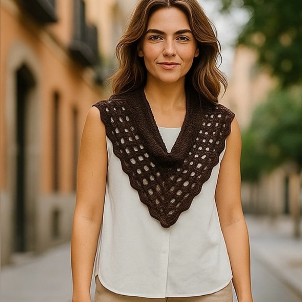 Scarf Triangle Cowl Shawl Hand Crafted Brown Gold Glitter Crochet Overlay - Picture 4 of 16